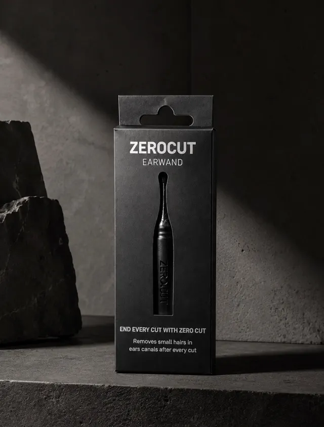 The ZeroCut Earwand in its matte black box